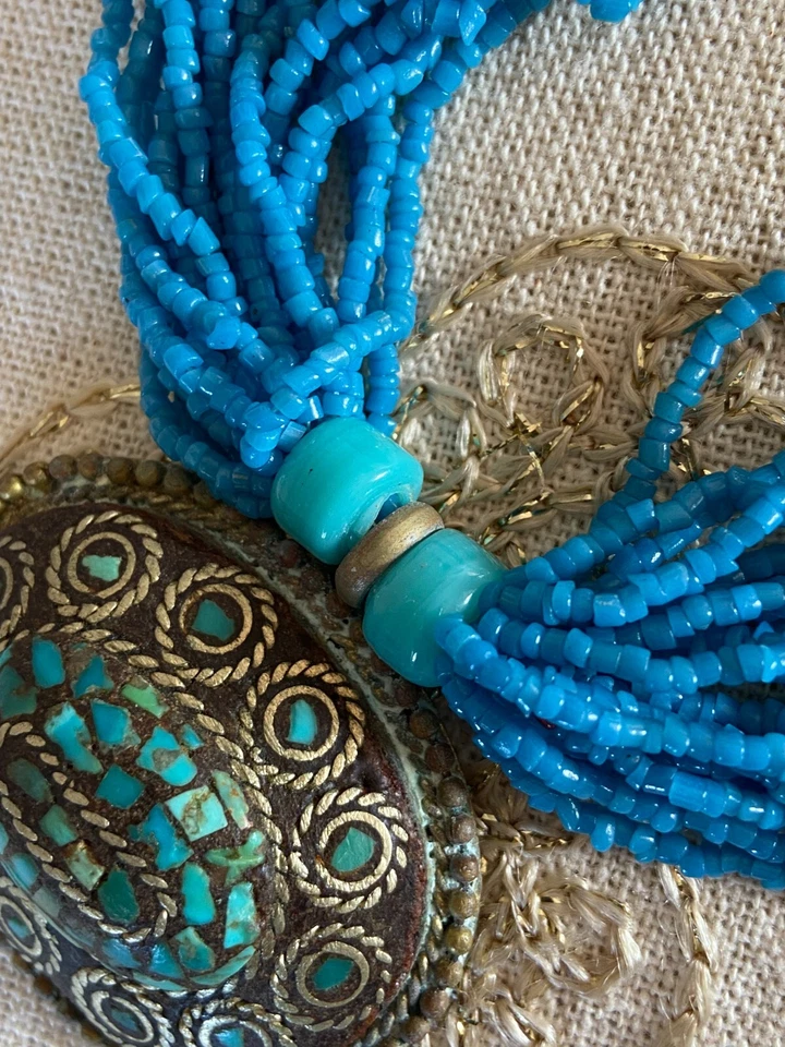 PERU 90er Jahre imposante Halskette Kette Amulett Perlen Handmade blau türkis - Bild 4 von 4