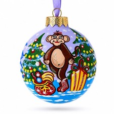Monkey with Tree and Gifts Glass Ball Ornament 3.25 Inches