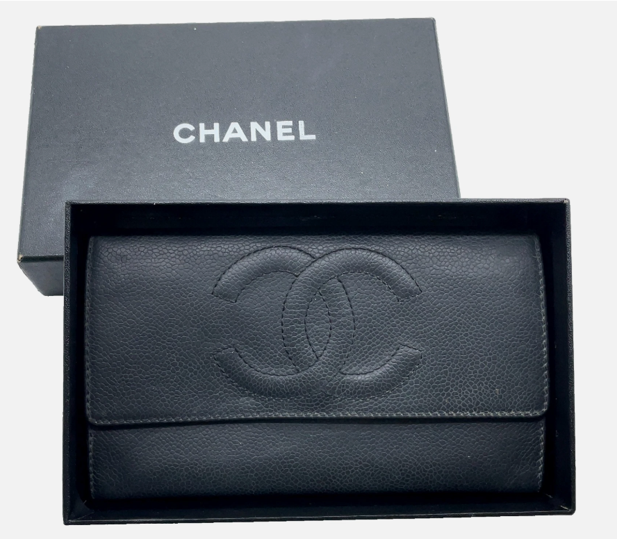 Chanel CAVIAR Leather Black Long Wallet CC Bifold Wallet Authentic-image