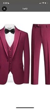 Men's Burgundy 3 Piece Shawl Lapel Suit Formal Wedding Flat Front Regular