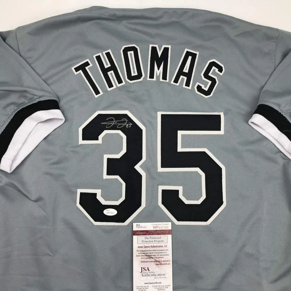 Camiseta deportiva de béisbol gris autografiada/firmada de Frank Thomas Chicago certificado de autenticidad JSA automática Foto 2 de 4
