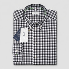 Men ETON Oxford Convertible Cuff Check Shirt Slim Fit Size 40 15 3/4 M