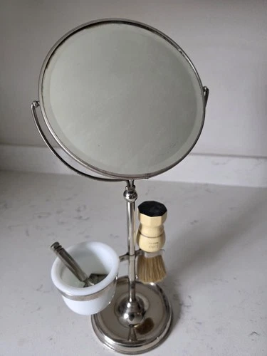 Antique Vintage Shaving Beveled Mirror Stand Milk Glass Mug Fuller Brush & Razor