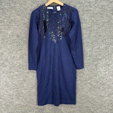 Liz Claiborne Dress Women S Small Blue Shift Midi Rhinestone Zipper Wool Casual