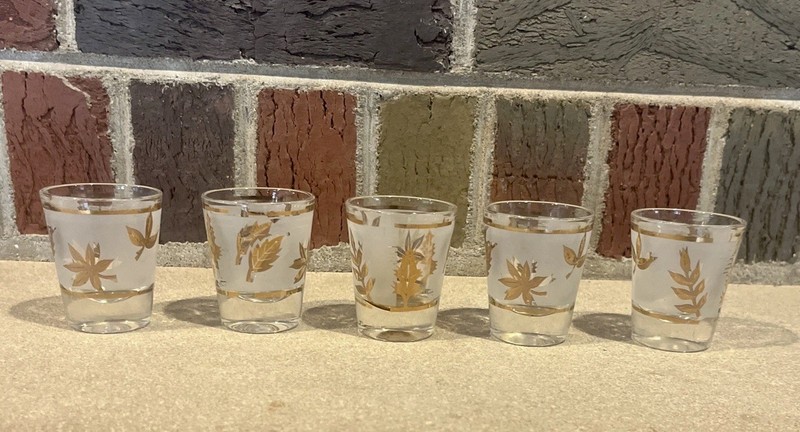 Vtg Set Of 5 Libbey Starlyte Gold Foliage MCM Shot Glasses