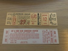 Orioles Cal Ripken Mint Season Ticket dated 6-12-82 GM # 12 of Streak and HR # 6