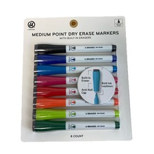 U Brands 8ct Medium Point Dry Erase Markers Assorted Colors w Built-in Erasers