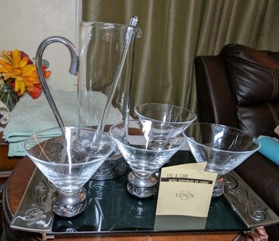 Lenox Spyro 7 pc Martini Set Serving Tray Pitcher 4 Glasses Stirrer New In Box