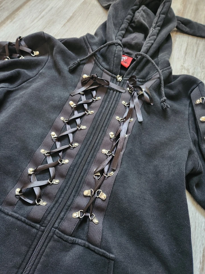 Living Dead Souls Gothic Hoodie Bunny Ears Lace Up, Piercing Black Full Zip Sz L - Image 2 of 4
