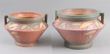 2 Antique c1928 ROSEVILLE Art Pottery Planter Jardinieres, Futura Pattern, NR