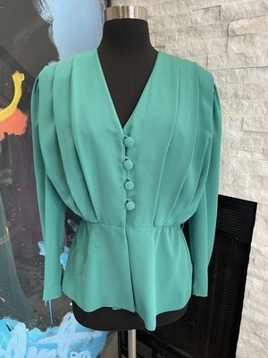 Vintage Aldoph Schuman For Lillie Ann 1980s Green Blouse Shirt Top