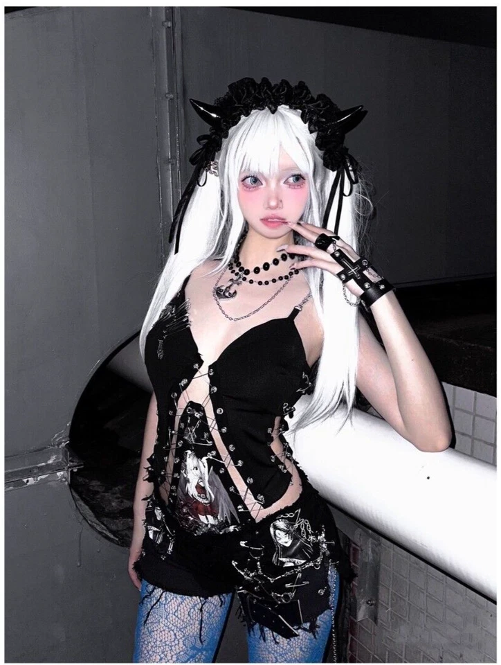 Medias de red de encaje floral azul hueco subcultura Y2k Foto 4 de 4