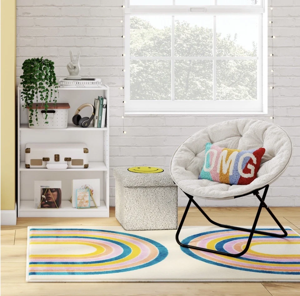 Otomana de almacenamiento plegable, blanca con cara sonriente amarilla Foto 3 de 4