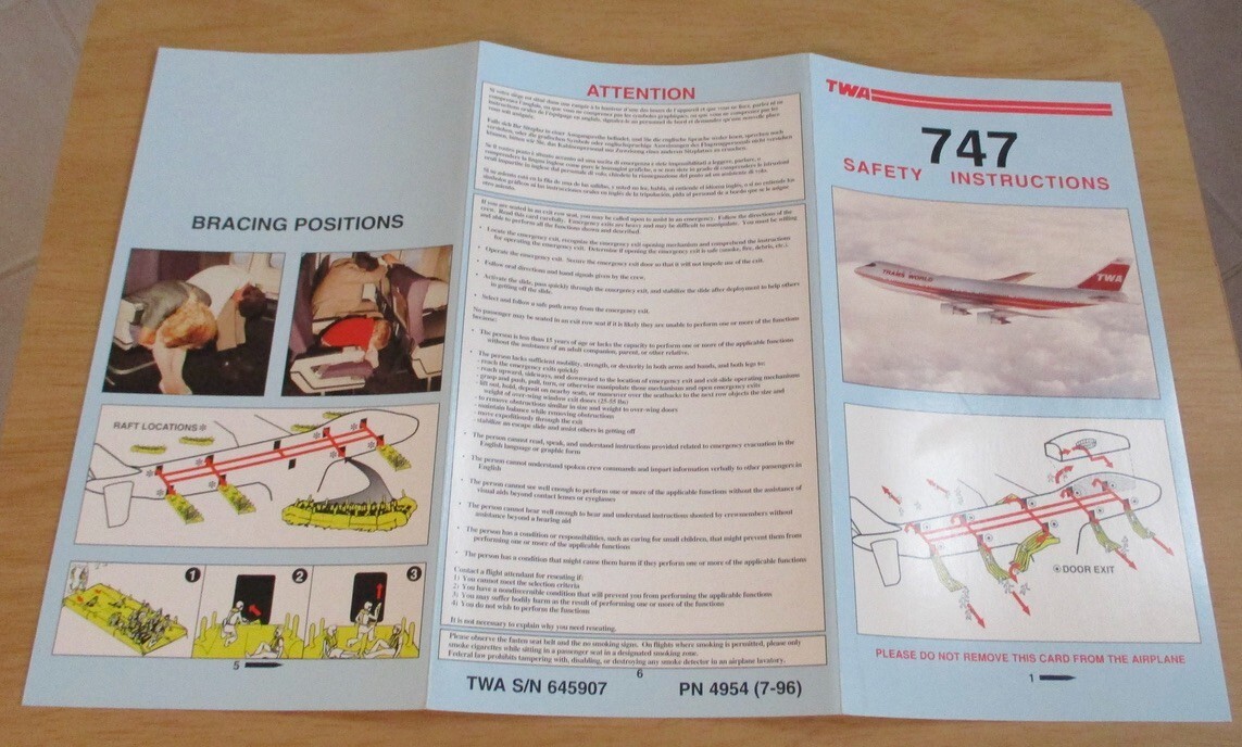 1996 Airplane SAFETY INSTRUCTIONS Card~Boeing 747 TWA