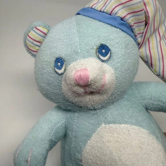 Russ Berrie винтажный светло-синий плюшевый медведь плюшевая погремушка шляпа Bittles махровая ткань - Изображение 2 из 4
