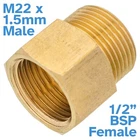 Brass Female 1/2" BSP To Male M22 x 1.5mm Pipe Reducer Threaded Adapter Fitting