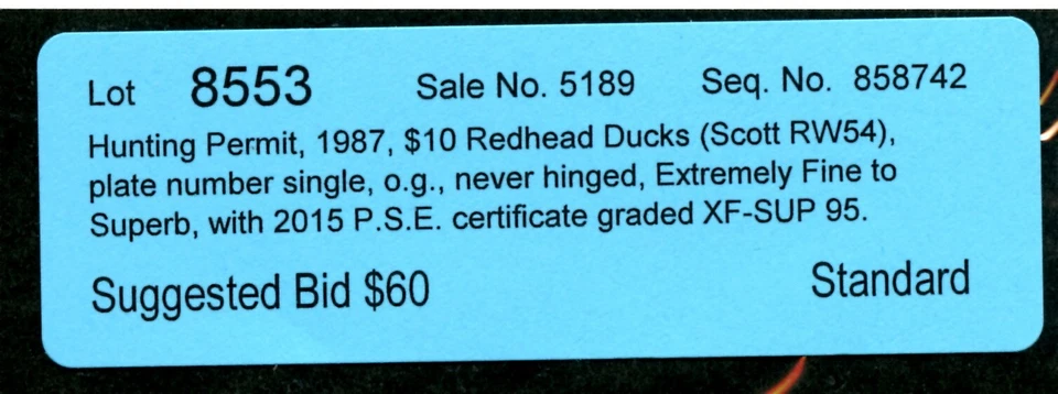 US RW54, 1987 REDHEADS, 2015 PSE CERTIFICATE, MNH, XF-SUPBURB, (US924K) - Image 3 of 3