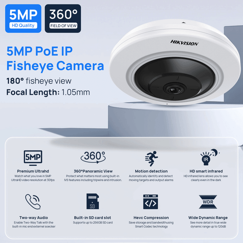Hikvision Fisheye DS-2CD2955G0-ISU IP camera 5MP 180° HD IR Dome POE - Picture 2 of 24