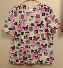 SCRUBSTAR Women's SZ L Scrub Top Pink Hearts Breast Cancer Awareness Butterflies