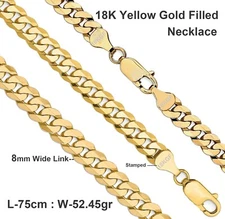 Chain Real 18Kt Yellow Gold Filled Solid 8mm Curb Cuban Necklace 75 cm : 30 inch