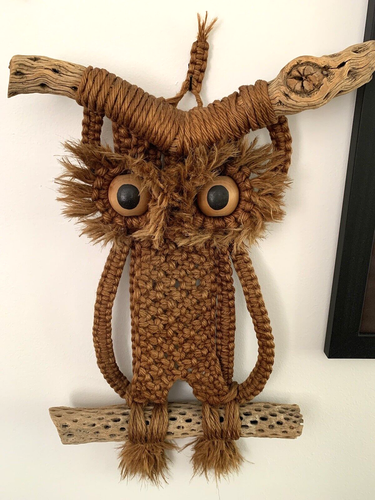 "Grande legno di gufo di iuta anni '70 occhi su legno di deriva da appendere a parete decorazione boho 28"" - Foto 2 di 7