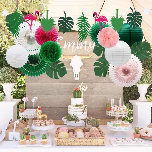 Meiduo Tropical Flamingo Palm Leaves Party Decorations with Paper Fans Paper ... - Picture 3 of 6