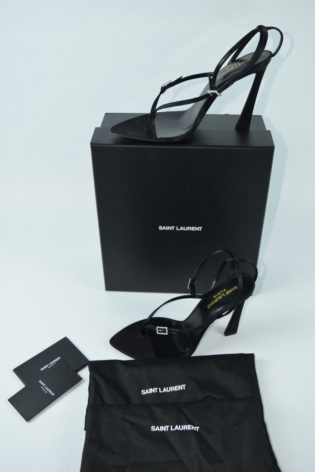 Sandali nuovi con scatola YSL Saint Laurent Nadja 105 raso fibbia cristallo tg 39 5 neri