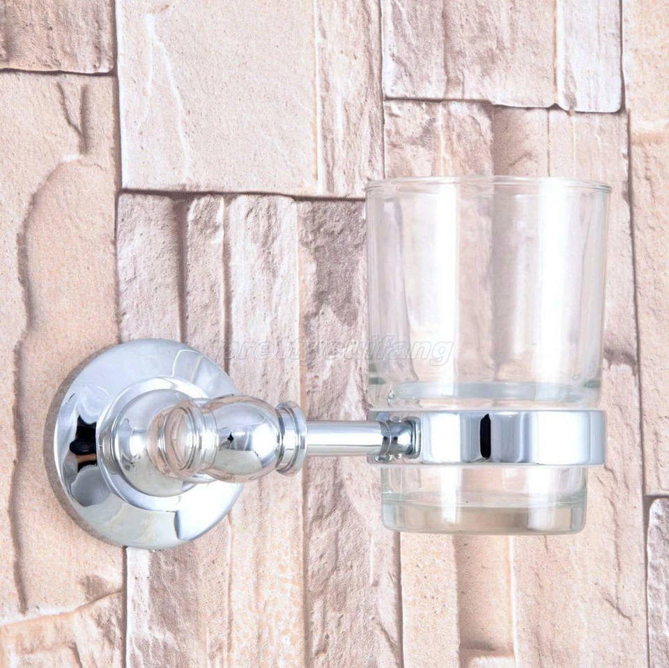 Polished Chrome Wall Mount Toothbrush Holder Bathroom Accessories with Glass Cup - Image 4 of 4