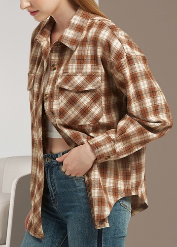 Plaid Shacket Jacket Long Sleeve Button Down Fall Shirts Coat - Picture 2 of 9
