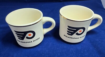 Vintage Philadelphia Flyers Hockey Logo White Glass Coffee Tea Mug Set USA Made