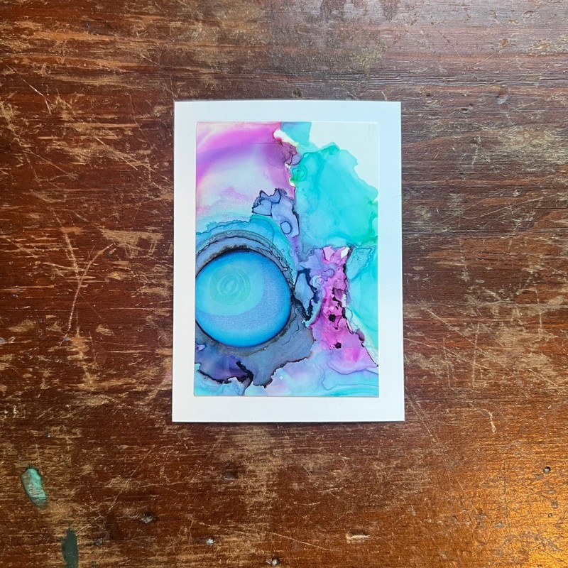 Original ACEO Artwork - Abstract Ink Painting Round Bubbles Blue Purple Flow Art