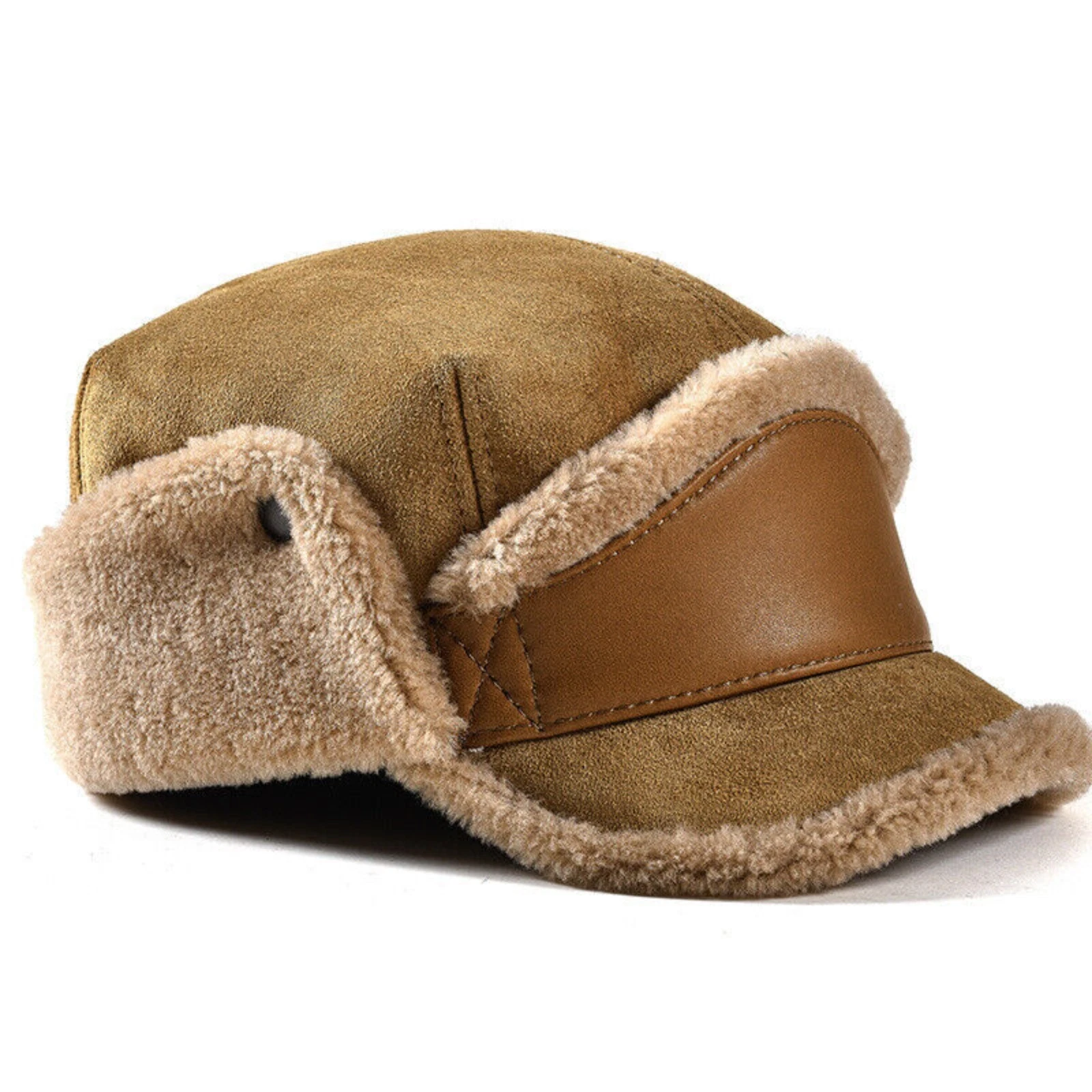 Men Real Leather Sheepskin Trapper Ear Flap Caps Outdoor Warm Thick Aviator Hat