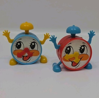 2x Vintage Wind Up Toy Clocks 80s 2.5  Made In Hong Kong Working