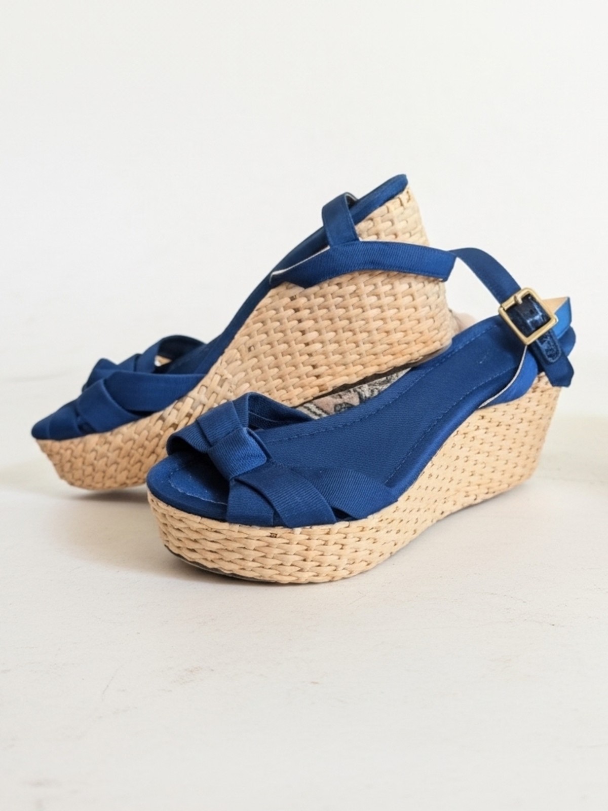 kate spade new york Blue Slingback Wedge Sandals Bow Buckle Fabric 9.5M Women