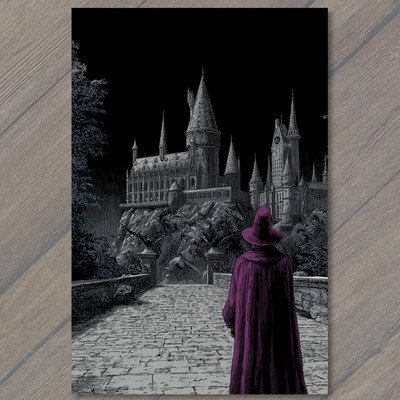 Art Print Wizard Staring Castle Magic Cloak Gothic Spires Fantasy Purple Night