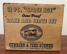 12 Pc. Origanal Box Currier And Ives Glasbake Space Age Milk Glass