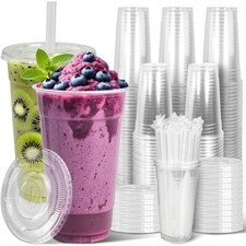 32 oz 50 Sets Clear Plastic Cups with Lids and Straws, Sturdy  Food Safe Dis...