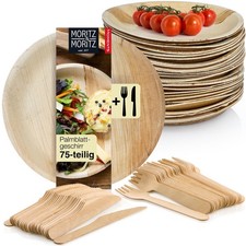 Moritz & Moritz Palmblattgeschirr Set Teller rund und Besteck - 75 Teile