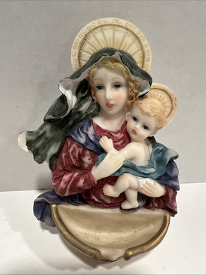 Vintage Hanging Holy Water Font Madonna with Child Hand Painted