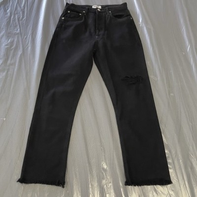 Agolde Riley Jeans High Rise Button Fly Crop Black Distressed Raw Hem W26 L25.