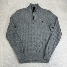 Polo Ralph Lauren Tussah Silk Cable Knit Grey Sweater 1/4 Zip/Button Mens Small