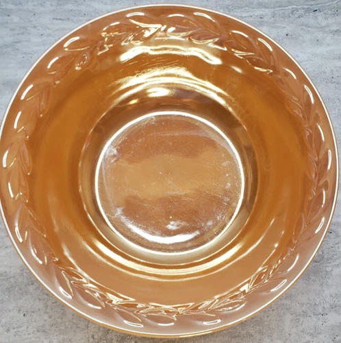 Vintage Fire King Peach Luster 8” Serving Bowl w Laurel Leaf by Anchor Hocking