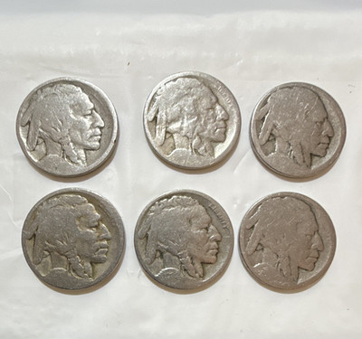 Buffalo (Indian Head) Nickels Lot of 6, US 5C, 1913-1938 Business Strike