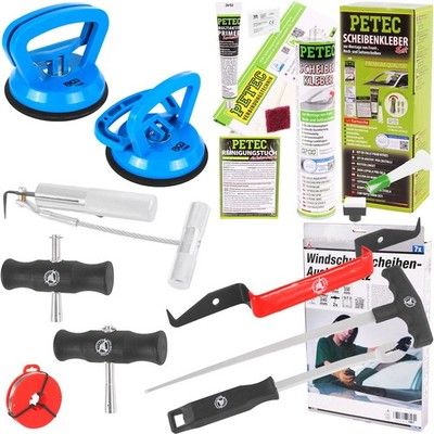 SCHEIBENKLEBER-SET 310ml WINDSCHUTZSCHEIBEN AUSBAUSET GUMMISAUGER SCHEIBENTRÄGER