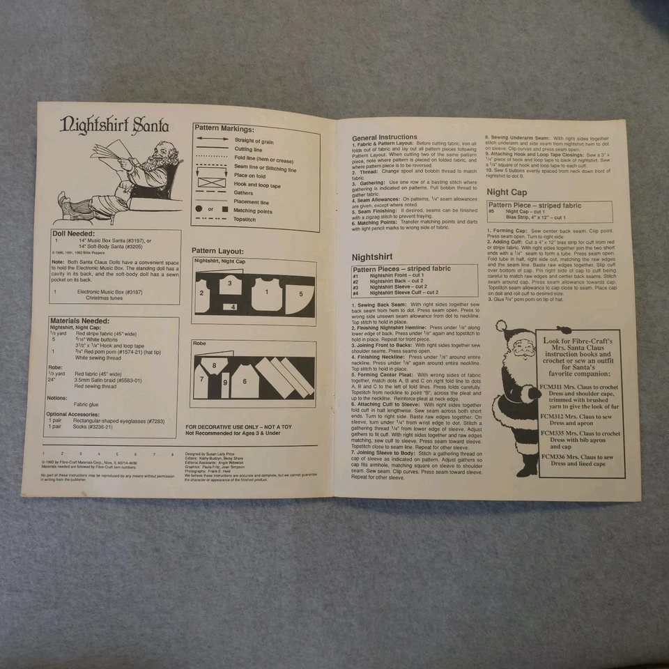 Fibre-Craft Nightshirt Santa Sewing Pattern FCM334 Fits 14" Santa Doll Uncut - Image 4 of 4