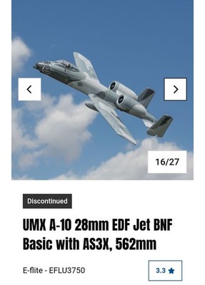New UMX A-10 28mm EDF Jet BNF Basic with AS3X, 562mmE-flite - EFLU3750