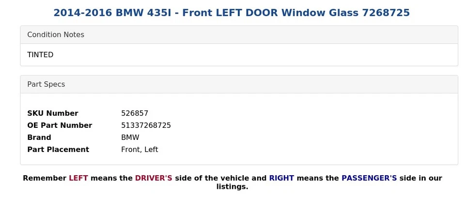 2014-2016 BMW 435I — стекло окна передней левой двери 7268725 - Изображение 3 из 4