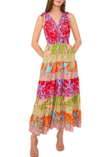 Sam & Jess Smocked Tiered Tropical Print Maxi Beaded V-Neck Dress Size XL NWT