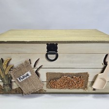 Rustic Farmhouse Wooden Bread Box w/Flour Sack Wheat Design and Scoop Handle 16"