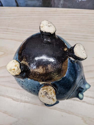 Studio Pottery Blue Black Piggy Pig Coin Bank Stoneware 5in Glazed pinched Nose - Picture 11 of 13